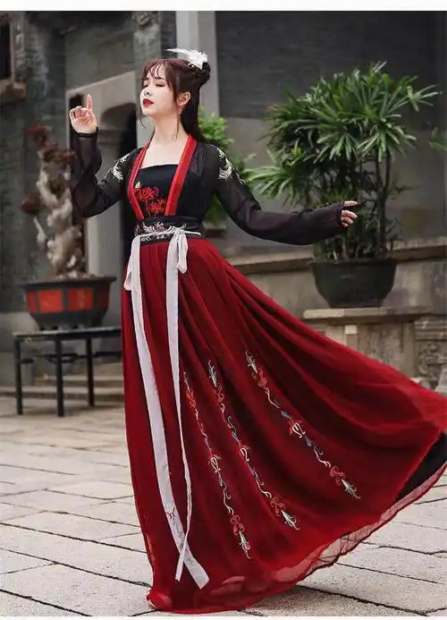 新时尚汉服女黑红系色成人学生齐腰襦裙古风年会表演服演出服古装送