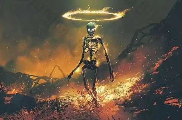 地狱火中带火焰的恶魔骷髅的恐怖角色数字艺