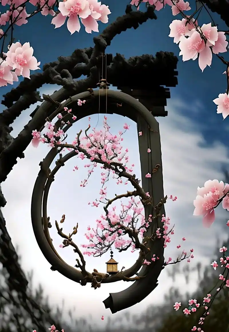 桃花祈福.古风风格,一枝桃花从屋檐上挂下来,树枝上挂着一个小 - 抖音