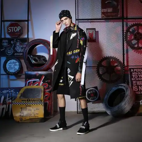 genanx闪电潮牌长款风衣时尚春季新款嘻哈宽松中长款外套男潮流男