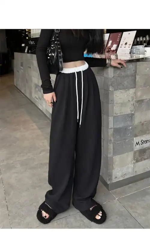 美式黑色运动裤女春秋季2024新款宽松休闲卫裤高个子垂感阔腿裤子