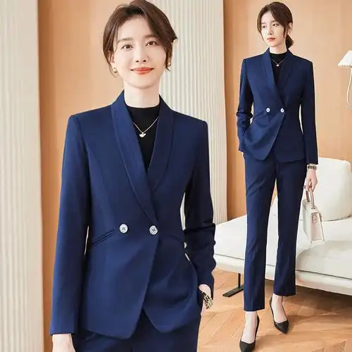 蓝色职业西装套装女正装春秋薄款高端气质大码经理工作服西服秋季
