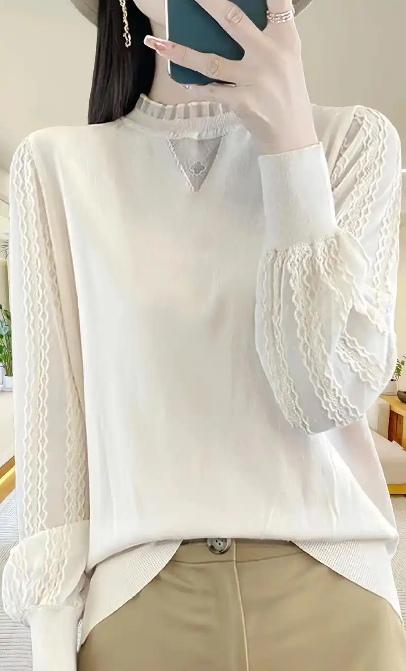 2024洋气针织长袖衫,品牌秋季蕾丝打底衫针织衫毛衣长袖针织衫