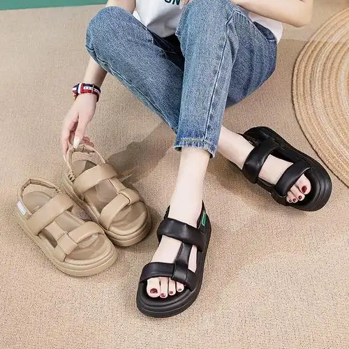 欧货羊皮大气简约运动凉鞋沙滩鞋2023夏季新款露趾凉鞋厚底女学生