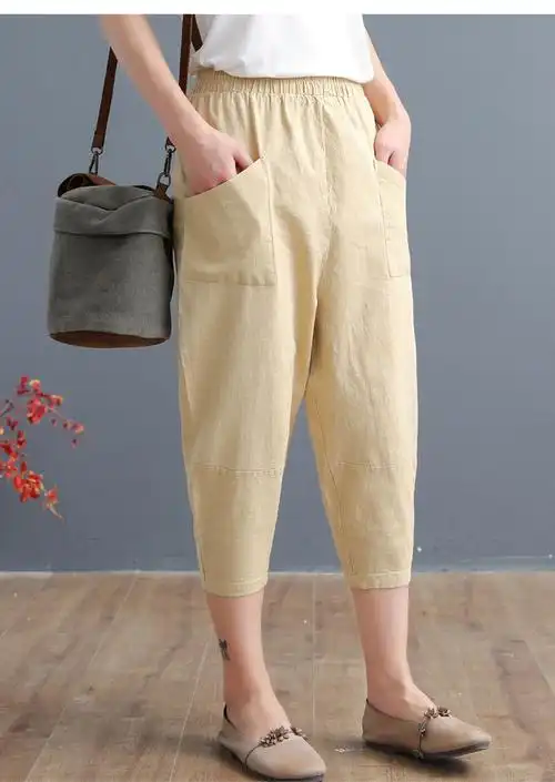 萝卜裤女夏季薄款棉麻哈伦裤文艺范休闲松紧腰七分裤宽松阔腿女裤