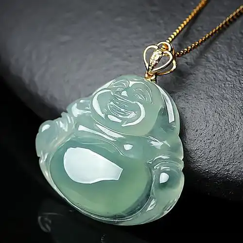 18k金镶嵌天然翡翠玉佛吊坠 冰透大肚弥勒佛笑佛女款玉石挂件项链