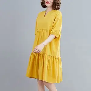 夏季新款宽松时尚短袖黄色连衣裙女,连衣裙,壹品原著