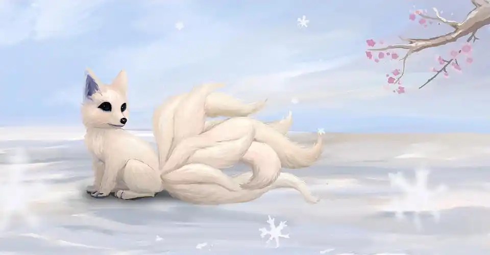 唯美清新可爱空灵九尾狐狸雪地梅花插画