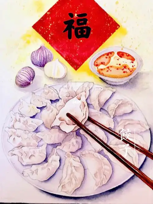 手绘水彩美食饺子09钢笔淡彩