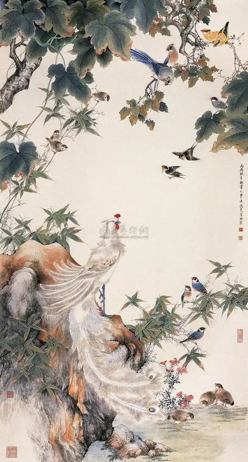 02202006年作百鸟朝凤镜心设色纸本