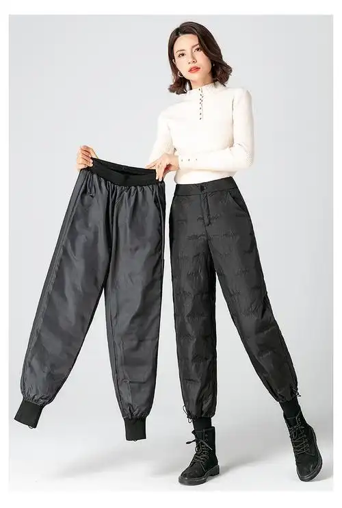 直筒羽绒裤女外穿高腰加绒加厚棉裤冬休闲户外运动裤潮束脚裤宽松