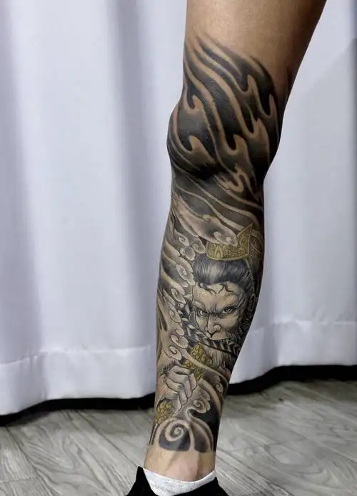 齐天大圣纹身图片_腿部新传统孙悟空齐天大圣包小腿纹身图案