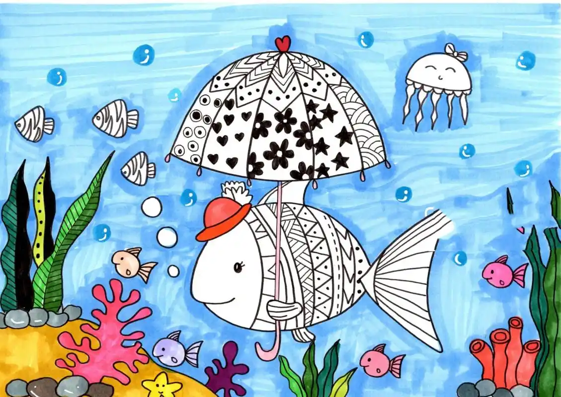 (附大图)彩色创意线描画儿童画创意美术