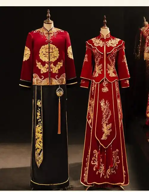 中式结婚礼服新娘新郎唐装秀禾服长袖新款女嫁衣龙凤褂婚服情侣套装