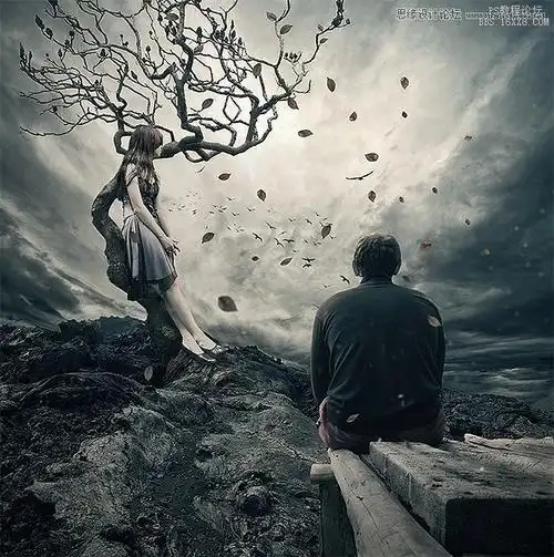 ps合成在枯树下分手的情侣场景