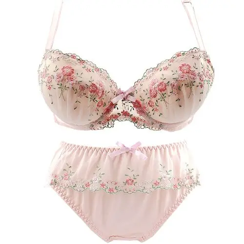 1651日本刺绣花朵文胸套装内衣白色大码女90bcd85薄棉杯三扣可爱