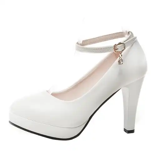 白色高跟鞋系带一字扣圆头职业中跟女鞋防水台软面走秀模特鞋婚鞋