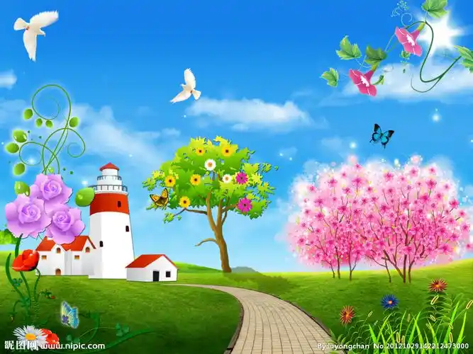 蓝天白云儿童风景画图片