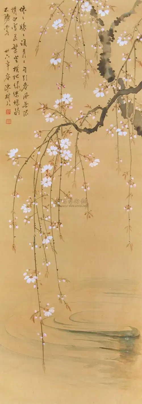 【杏花流水图 立轴 设色纸本】拍卖品_图片_价格_鉴赏_绘画_雅昌艺术