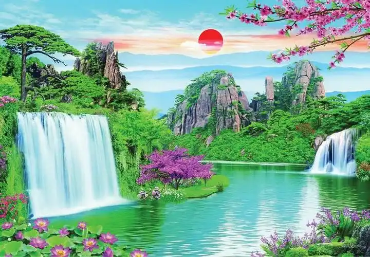山水瀑布风景画客厅装饰画年画办公室墙贴餐厅贴画纸画中式海报