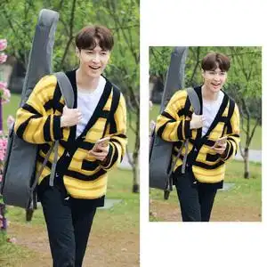 代购blu blu time向往的生活张艺兴同款撞色条纹宽松开衫毛衣外套