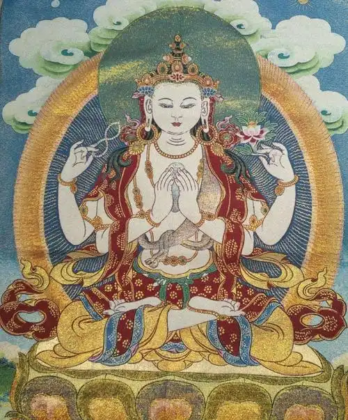宗教文化,精美织锦唐卡四臂观音