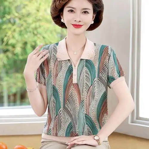 时尚妈妈夏装新款短袖上衣女40-50岁女中年翻领t恤薄