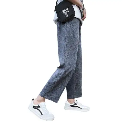 夏款透气舒适亚麻男九分男休闲裤阔腿裤男韩版宽松9分裤休闲裤