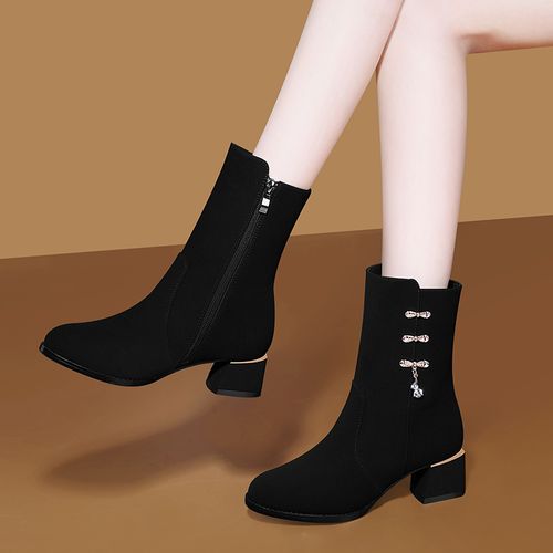 绒面靴子女中筒靴反毛皮马丁靴2021新款中跟鞋子冬季加绒瘦瘦短靴