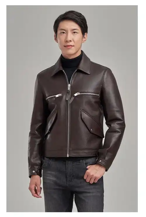 卡星登(kaxingdeng)轻奢男士进口牛皮翻领机车皮夹克 深咖色 xxl