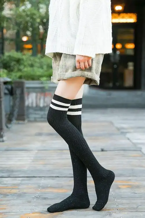 秋冬新款过膝袜女日系学院风棉质高筒袜两条杠大腿袜长靴袜套批发