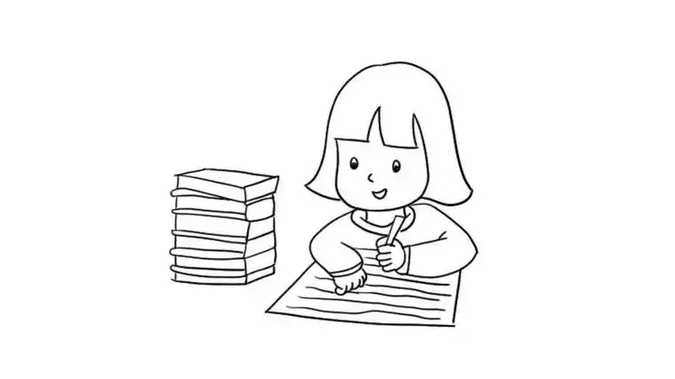 小女孩趴在桌子上写作业的简笔画