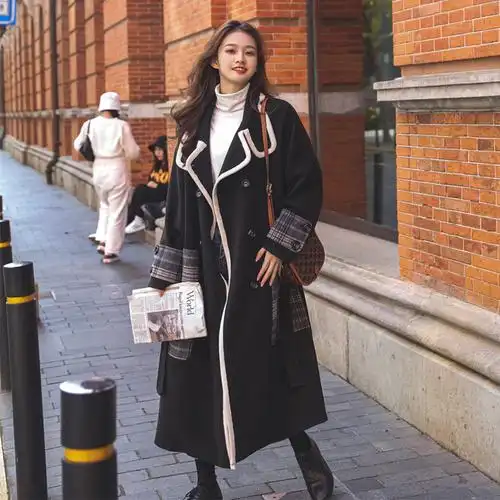 毛呢大衣女2020冬季新款ins潮时尚百搭黑白撞色拼接显瘦加厚外套