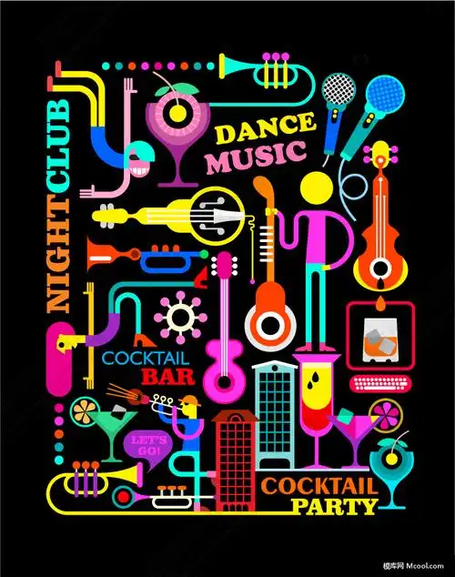 酒吧元素音乐乐器酒瓶饮料霓虹灯绘画背景