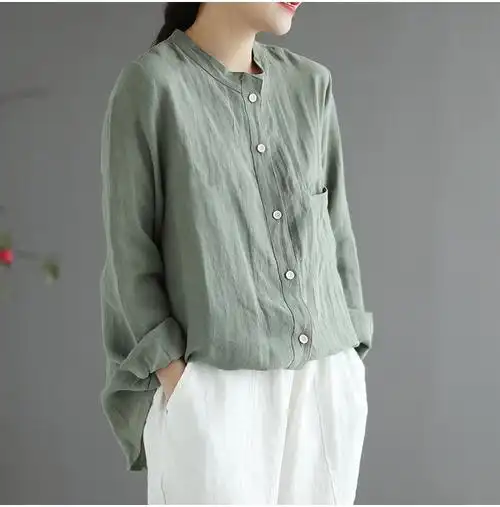 立领棉麻衬衫女复古文艺亚麻衬衫上衣长袖百搭休闲衬衫2021春秋款