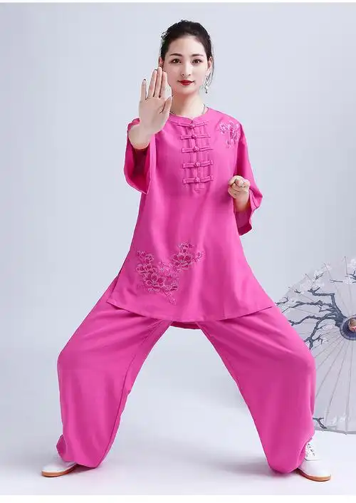 太极服夏季七分袖太极服女棉麻亚麻中袖短袖七分袖透气太极拳服练功服