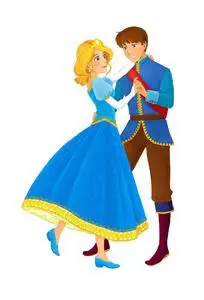 卡通场景,美丽的公主和王子在白色背景上跳舞-儿童插图照片