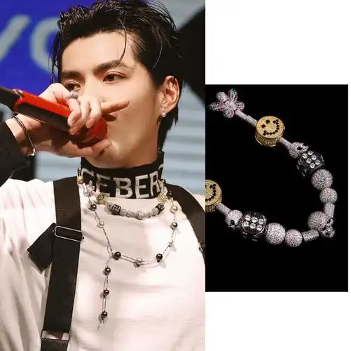 吴亦凡锁骨人颈哈潮嘻哈百搭毛衣笑脸evae珍珠项链