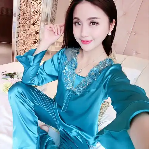 睡衣夏季丝绸春秋蕾丝性感冰丝长袖薄款女士睡衣