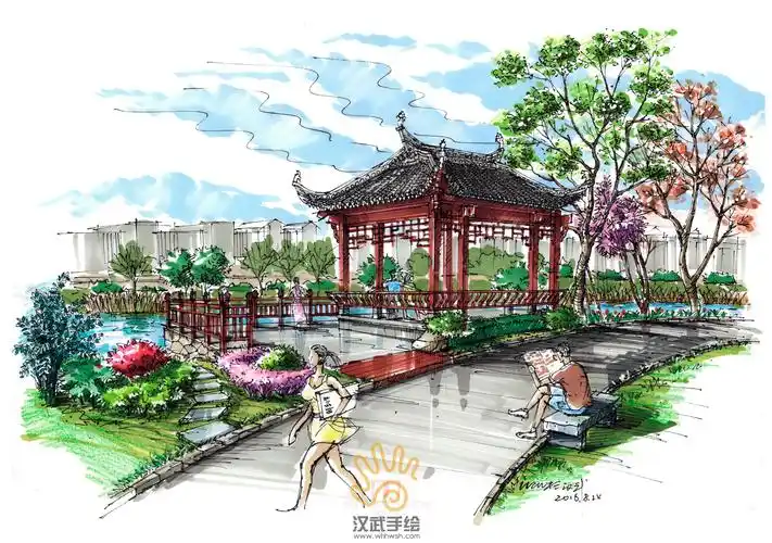 推荐一组建筑环艺景观手绘线稿及上色效果图