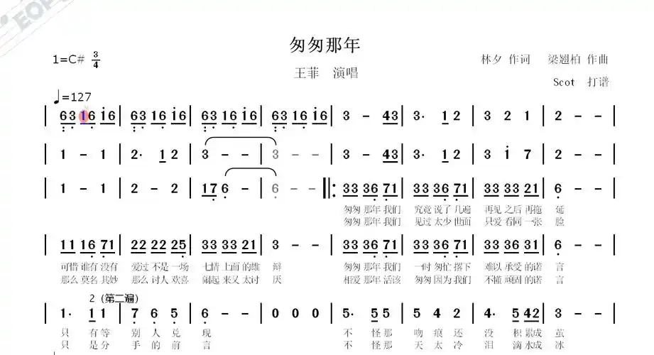 「经典老歌」匆匆那年_王菲演唱——动态简谱