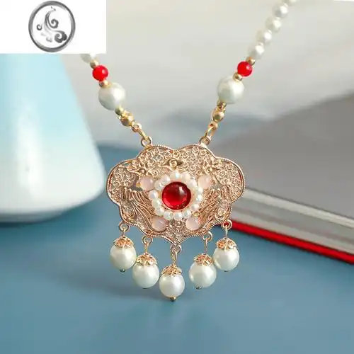 jimi珍珠项链古风项圈手工汉服旗袍民族风宋风日常如意锁复古软璎珞