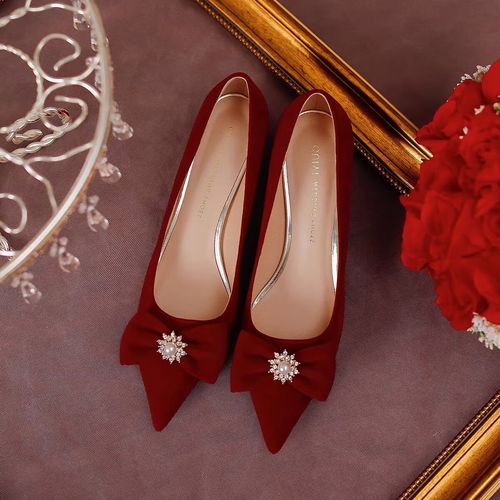 艾方鸟孕妇婚鞋女平底新娘鞋红色秀禾婚纱两穿新款敬酒服订婚浅口单鞋