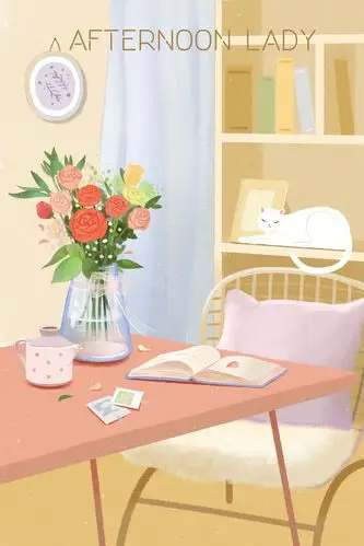 插画—猫小姐的惬意生活 书房 咖啡店