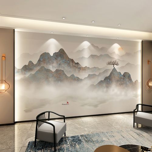 现代8d新中式山水画壁布电视背景墙布影视墙壁画客厅壁纸沙发墙纸