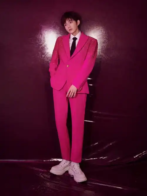 王源北京春晚造型图出炉~身穿粉色亮片刺绣西装,闪耀精致