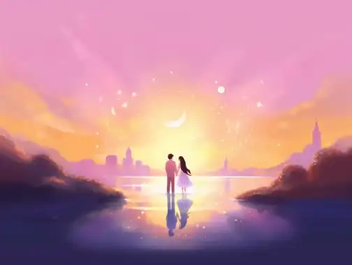 情侣在海面上拥抱在一起唯美浪漫情人节爱情双人手绘插画温馨氛围感