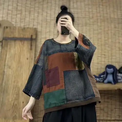 复古做旧拼色七分袖上衣女春季新款拼接牛仔布卫衣女