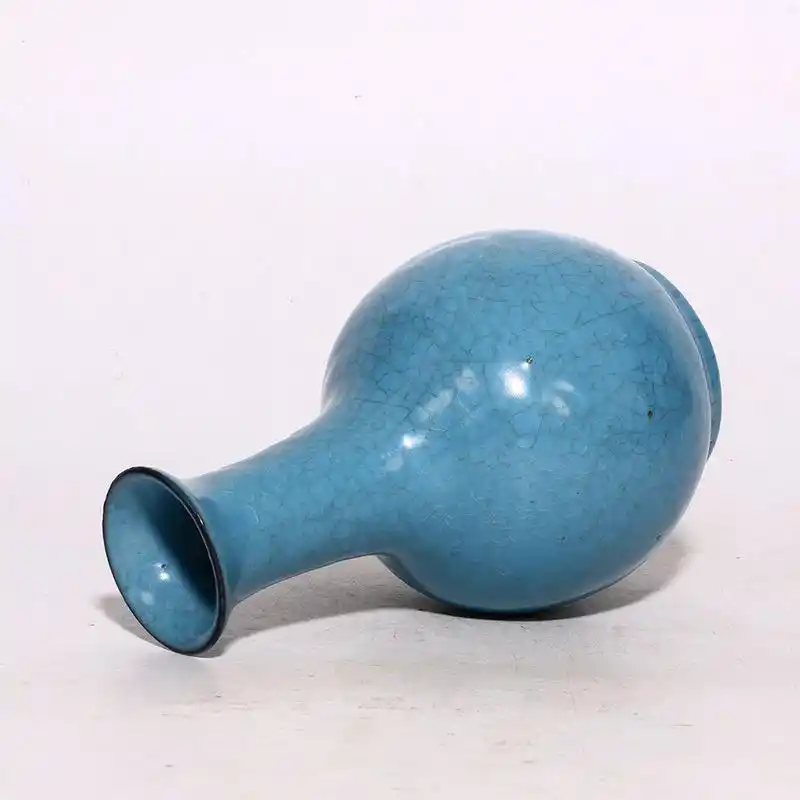 北宋宝丰天蓝釉蝉翼纹开片铭文官汝窑鹅颈赏瓶 古董 博藏级别