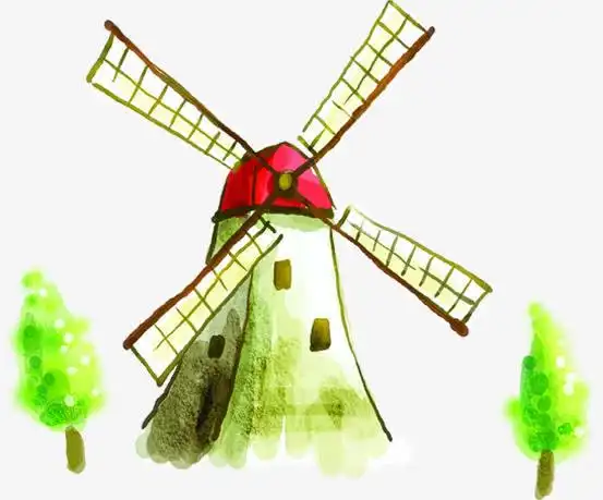 可爱水彩风车景色